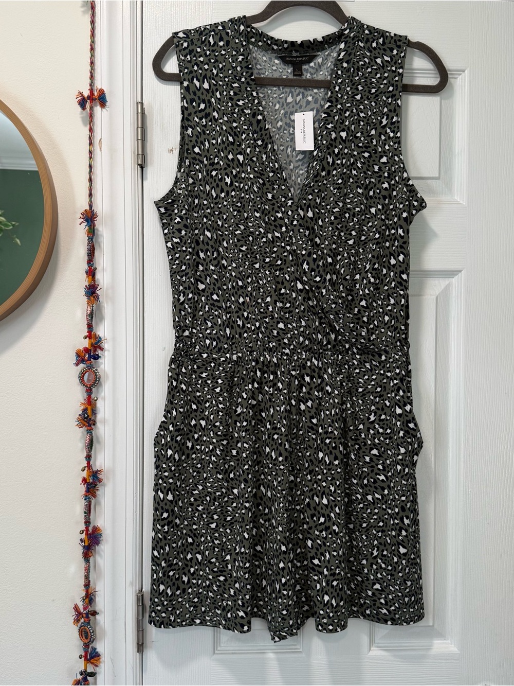 Dark Green Sleeveless Cheetah Print Romper Spot Wrap Dress